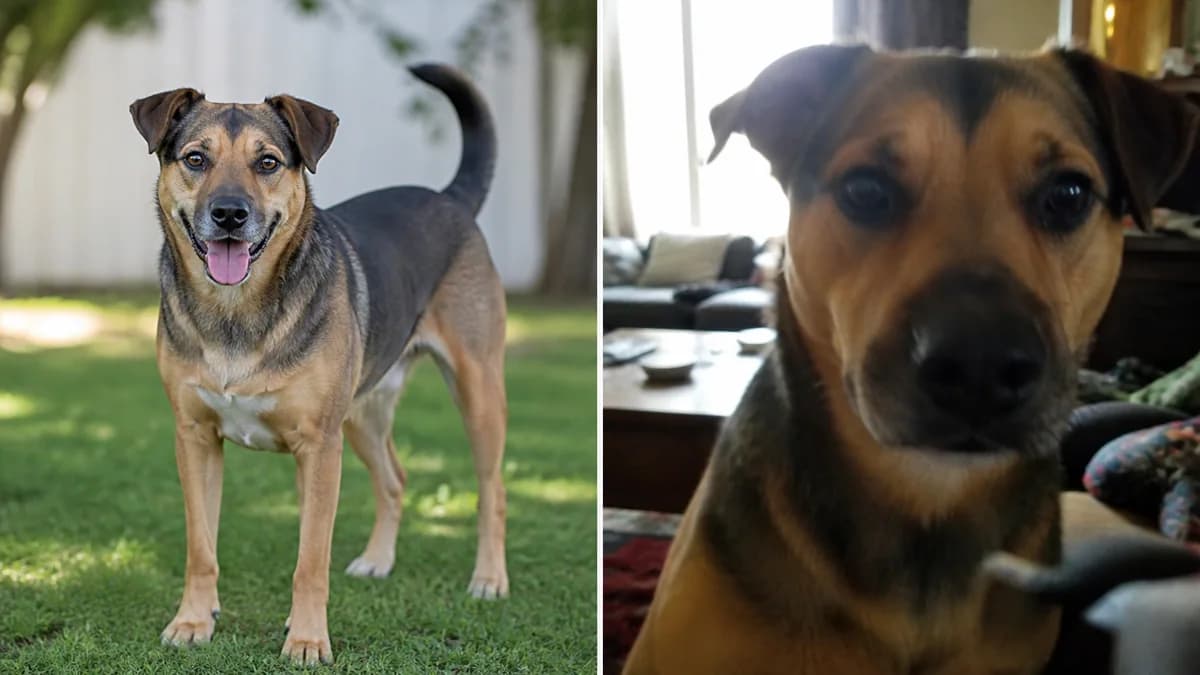 The same dog shown in a clear full-body outdoor photo and a blurry backlit close-up