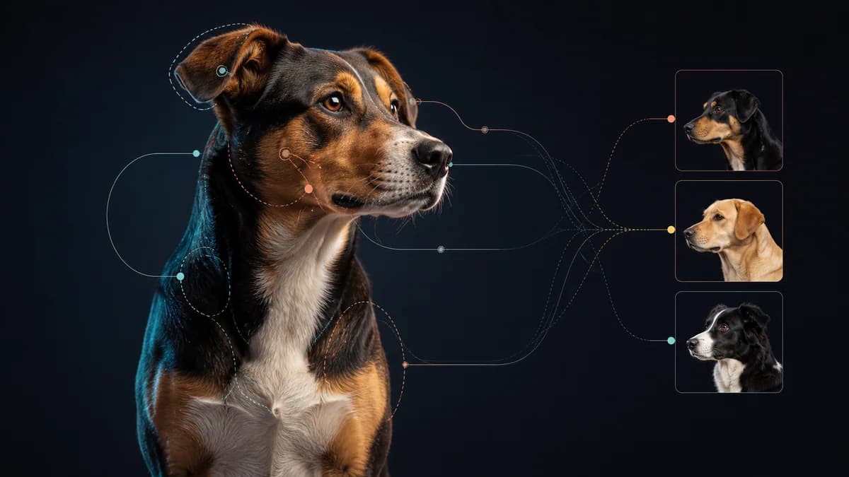 A dog with subtle visual-analysis paths leading to three possible breed matches